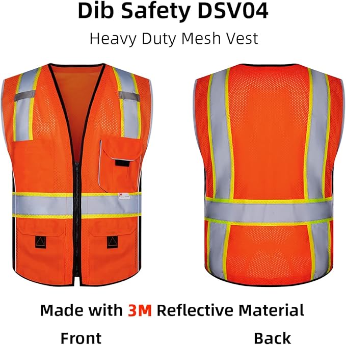 Dib Safety Vest Reflective Orange Mesh, High Visibility Vest with Pockets and Zipper, Heavy Duty Vest Made with 3M Reflective Tape 2XL