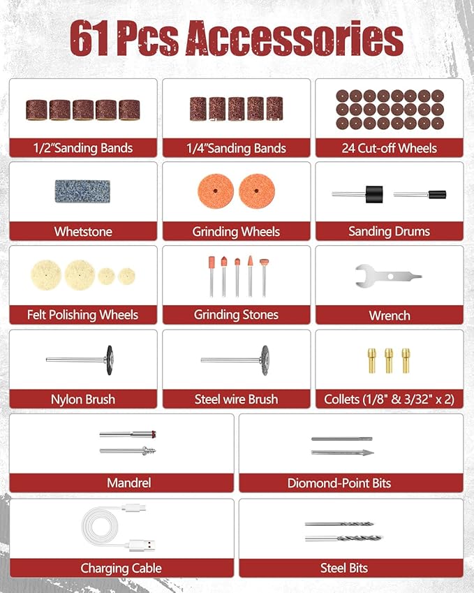 AVID POWER Cordless Rotary Tool 8V Rechargeable Grinding Tool for Dog Nail, 5 Speeds, 60 Pcs Accessories for Carving, Engraving, Sanding, Polishing and Cutting (Light Red)