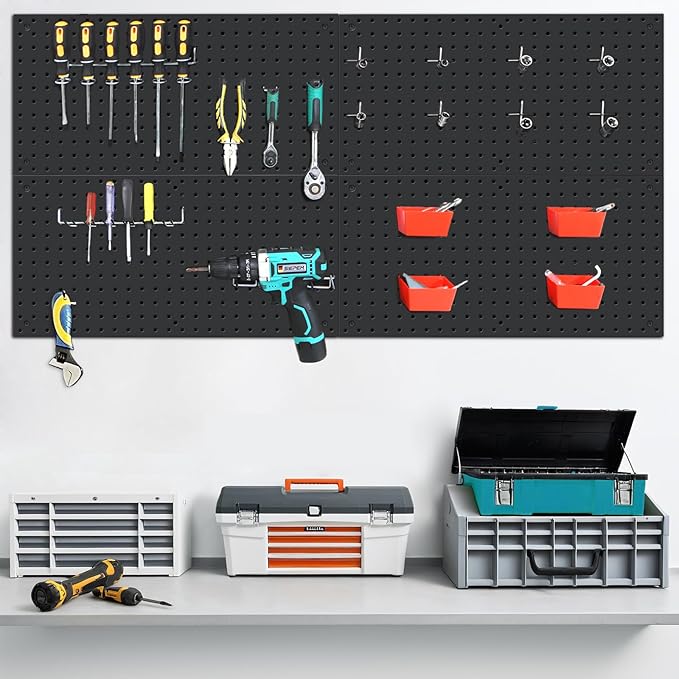 4 Pack 12-Inch X 24-Inch Metal Pegboard Wall Panels, Peg Boards for Garage Tool Storage (Black1224)