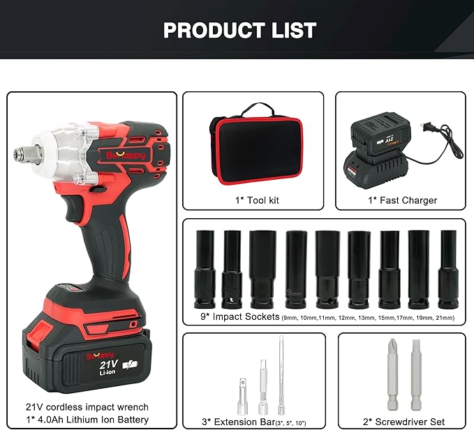 BeHappy Power Impact Wrench 21V, 1/2" Cordless Impact Wrench with 4.0Ah Li-ion Battery for Home, DIY