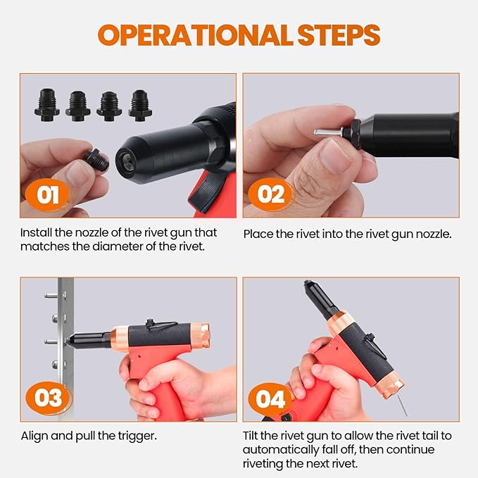 Pneumatic Rivet Gun Air Pop Riveter Tool Kit with 3/32", 1/8", 5/32", 3/16" Rivet Nozzles, Self-Suction Pneumatic Riveting Gun, Upgraded Air Riveter Hydraulic Pop Riveting Rivets Tool