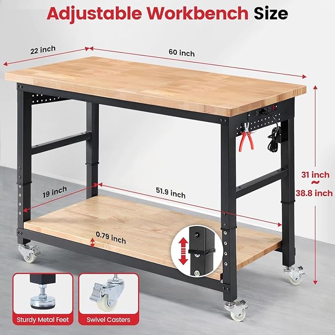 Work Bench with Double Layers 60 x 22 Inch Heavy Duty Rubberwood Tabletop Work Table Adjustable Height Workbench with Wheels, Sided Pegboard, Power Outlets for Garage Home Office