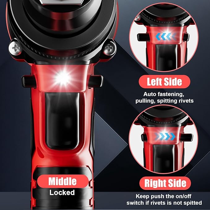 Rivet Gun Compatible with Milwaukee 18V Battery, Cordless Rivet Tool with 3 Size (1/8", 5/32", 3/16") Aluminum Rivets, Brushless Motor Rivet Gun Kit Nose Piece, Led Light, Tool Only