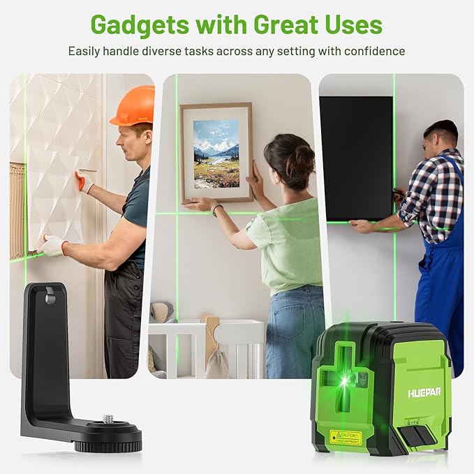 Laser Level, HUEPAR 98Ft Self Leveling Laser Level Green Line Laser Cross Line Laser Leveler Tool for Picture Hanging, Tile, Home Renovation, Indoor Project, Battery&Carrying Bag Includ with L-Bracket
