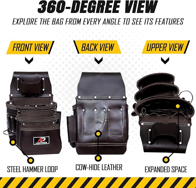 Pro-015 Leather Tool Pouch for Construction,Heavy Duty Hammer Holder,Buckle,3 Pocket Large with Belt, 12 Small Pocket, Tool Organizer