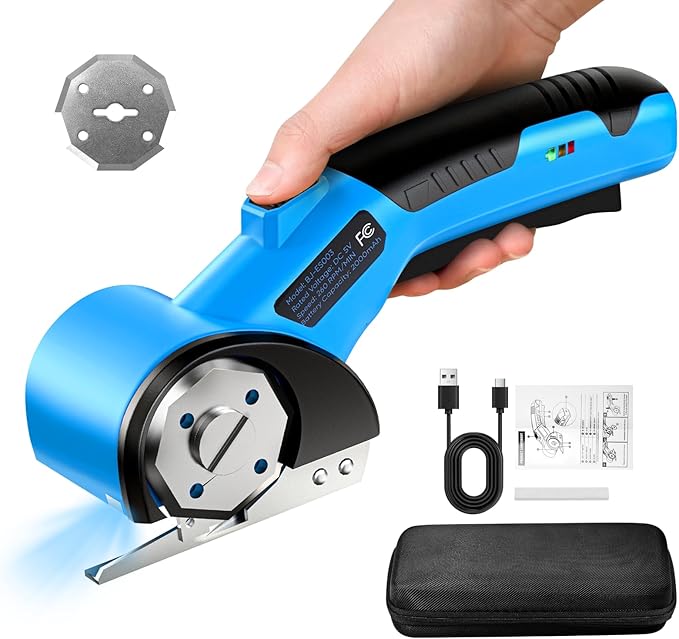 Cordless Electric Scissors, 5V Rechargeable Cardboard Box Cutter Heavy Duty Rotary Tool with Safety Lock & LED Light for Cardboard, Fabric, Box (Blue)