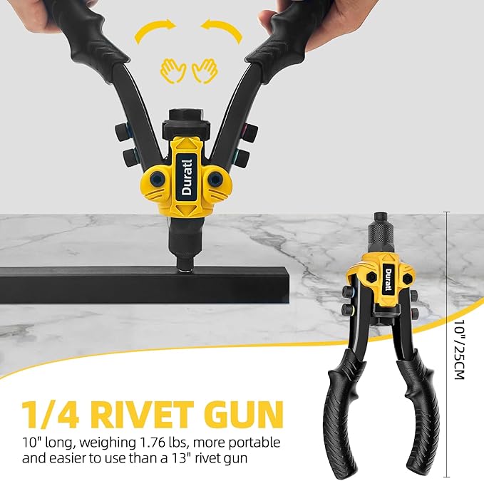Rivet Gun, 1/4 Pop Rivet Gun Kit with 200 Blind Rivets, 5 Interchangeable Rivet Heads (3/32", 1/8", 5/32", 3/16", 1/4"), Heavy Duty Hand Riveter Tool for Metal, Gutter & Automotive