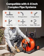 VEVOR 100FT x 3/4 Inch Drain Cleaning Machine Sewer Auger Auto Feed with 4 Cutter & Air-activated Foot Switch for 4" to 8" Pipes, Orange, Black