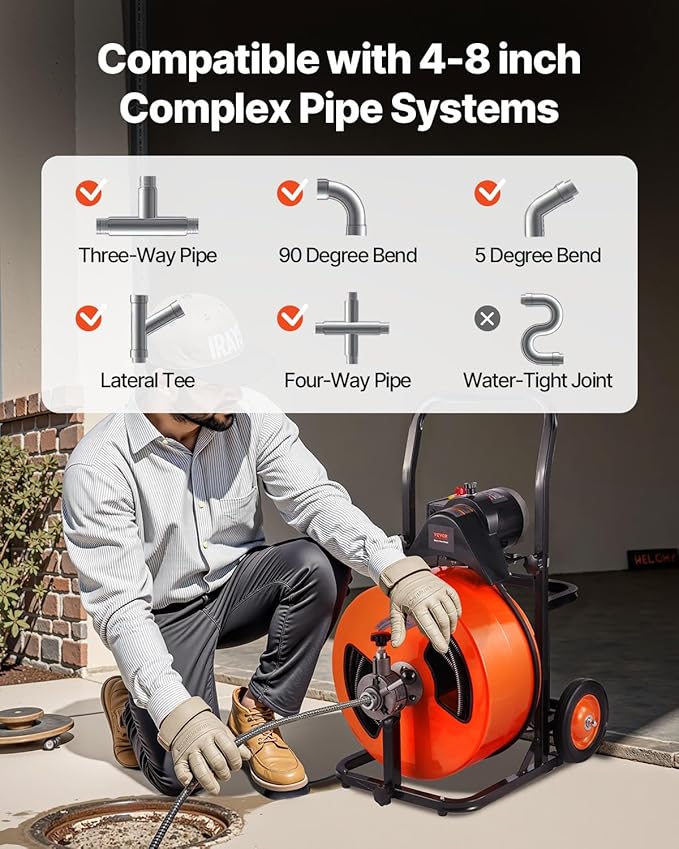 VEVOR 100FT x 3/4 Inch Drain Cleaning Machine Sewer Auger Auto Feed with 4 Cutter & Air-activated Foot Switch for 4" to 8" Pipes, Orange, Black