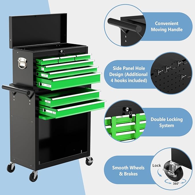 8 Drawer High Capacity Rolling Tool Chest, Metal Tool Box with Wheels and Drawers, Detachable Toolbox with Lock, Heavy Duty Tool Cabinet for Workshop, Warehouse and Garage (Black Green)