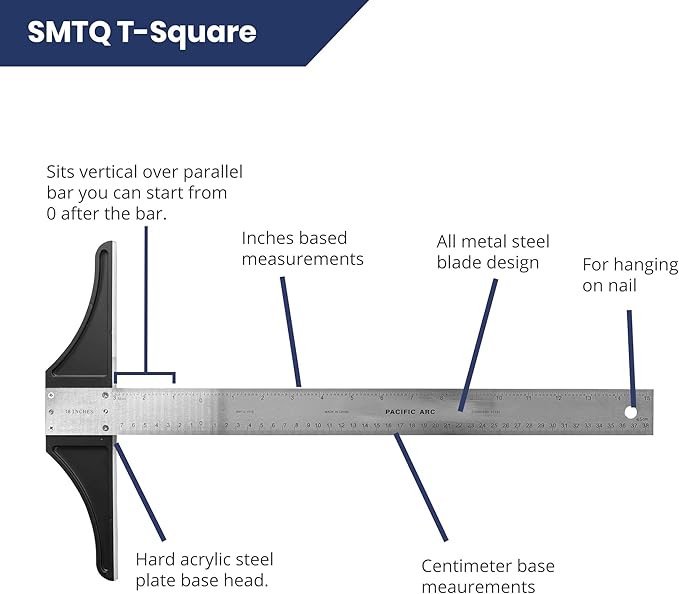 Pacific Arc 24 Inch T Square, Traditional Stainless Steel, Graduated Inch and Metric