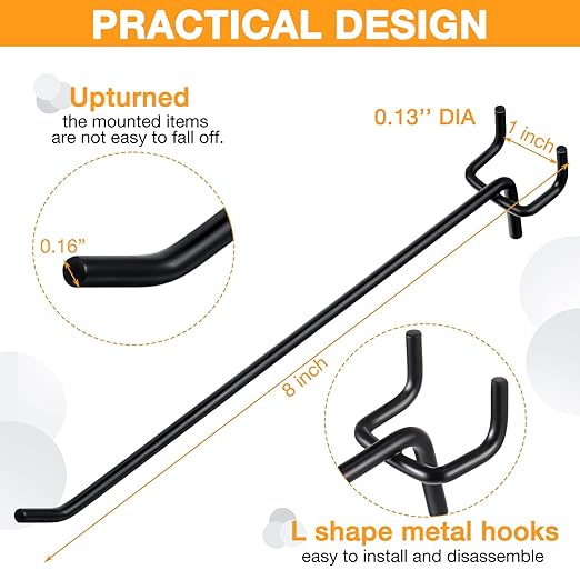 Shimeyao 100 Pcs Peg Board Shelving Hooks Stainless Steel Hanging Board Pegs Wall Display Hooks Bulk for 1/8 1/4 Garage Storage Organizer Accessories(8 Inch,Black)