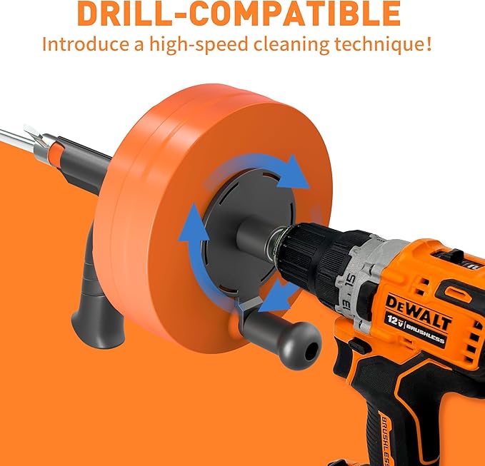 BACOENG 50Ft Drain Auger, Heavy Duty Plumbing Snake with Drill Adapter, Use Manually or Powered for Drain Clog, Shower Sink, Comes with Gloves and Bag (Orange)