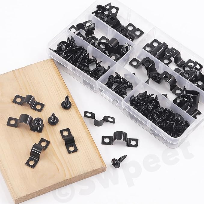 Swpeet 120Pcs 4 Sizes 5mm 8mm 10mm 12mm Two Hole U Bracket Clamp with Screws Assortment Kit, U-Clamps, Metal Pipe Clamps, Pipe Strap Clamps, Conduit, Tension Clips for Fixing Pipe or Cable