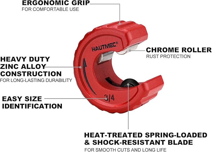 HAUTMEC Copper Tubing Cutter Set 3 PCS Copper Pipe Cutter Tool, In Portable Storage Case, Includes 1/2 in., 3/4 in., and 1 in. Cutters, Reaming Pen, 3 Spare Cutting Wheels, 1 Spare Deburring Blade