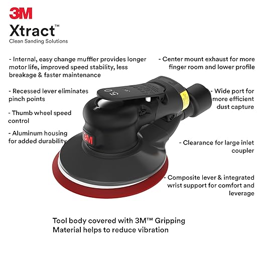 3M Random Orbital Sander, Xtract Pneumatic 88945, 5 in, Self-Generated Vacuum, 3/32 in Orbit, Ergonomic and Lightweight ROS, 209W Motor, Dust Extraction