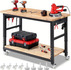 Workbench with Wheels 60 x 22 Heavy Duty Rubberwood Tabletop Work Bench Adjustable Height Garage Work Table with Under Table Shelf, Sided Pegboard, Power Outlets for Home Office