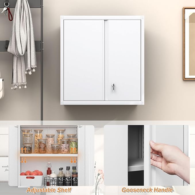 GREATMEET Locking Metal Wall Cabinet, Metal Wall Cabinets for Garage, Wall Mount Cabinet with Lock, Upper Cabinets Wall Mounted, Hanging Utility Cabinet with Adjustable Shelf