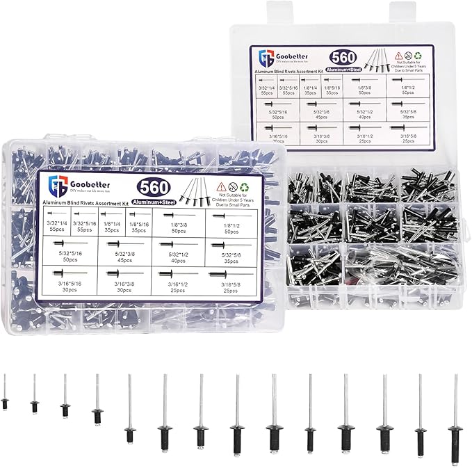 560 Pcs 14 Sizes Pop Rivets Assortment Kit, Aluminum Rivets, 3/32" 1/8" 5/32" 3/16" 1/4" Blind Rivets for Metal, Dome Head rivet kit(Black)