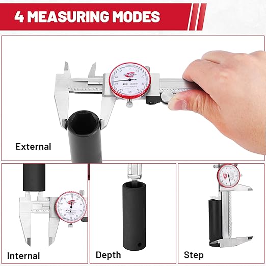 0-6" Range SAE Dial Caliper Measuring Tool, Analog Precision Micrometer Caliper ±0.001" Accuracy, Manual Mechanical Metal Stainless Steel Measuring Dial with 4-Way Measurements