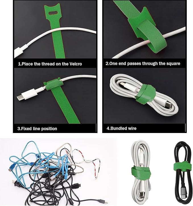 Cable Labels & Reusable Hook and Loop Fastening Ties Set - 30 Pcs Cord or Wire Labels & 30 PiecesCable Tags for Electronics, Home & Office Cord Management (Green and Green)