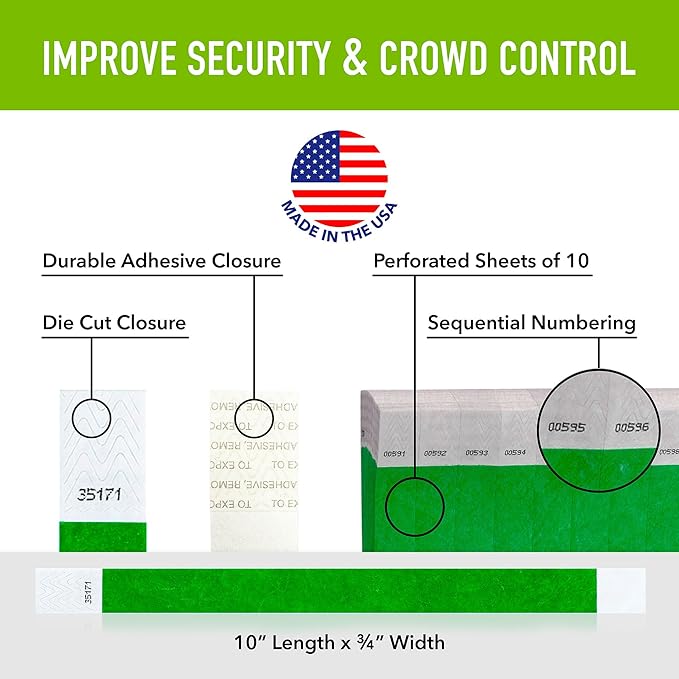 1,000 WristCo Kelly Green Tyvek Wristbands for Events - Comfortable Tear Resistant Paper Bracelets ID Wrist Bands for Concerts Festivals Admission Party Identification