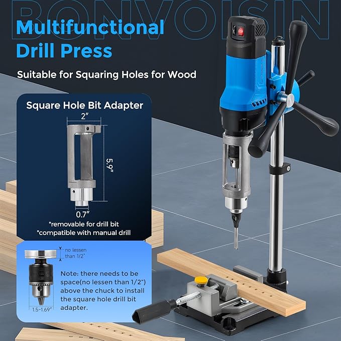 Bonvoisin Benchtop Drill Press with Square Hole Drill Bit, Bench Mortising Machine for Woodworking, 860W Electric Drilling Machine Chuck Capacity 1.5-10mm