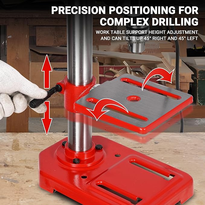8" Benchtop Drill Press, Laser Ray (Class II Max. 1mW), Tabletop Drilling Machine with 5 Adjustable Speeds (620 to 3100 RPM), 0-45°Tilting Worktable with LED Light (1W), for Wood or Metal