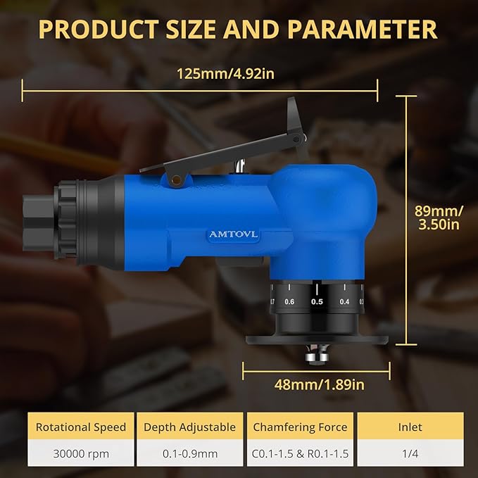 AMTOVL Air Chamfer Tool - Mini Pneumatic Chamfering Machine, 30000 RPM Pneumatic Chamfering Tool, 45 Degree Air Beveling Machine with 1/4 Inch Air Inlet for Metal, Wood, Acrylic Deburring (Blue)