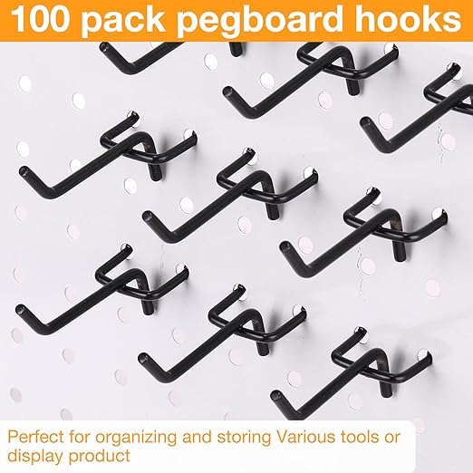Shimeyao 100 Pcs Peg Board Shelving Hooks Stainless Steel Hanging Board Pegs Wall Display Hooks Bulk for 1/8 1/4 Garage Storage Organizer Accessories(2 Inch,Black)