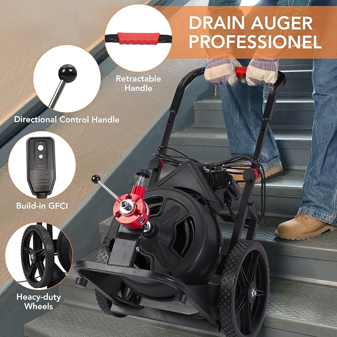 100Ft 1/2 Inch Auto-feed Electric Drain Cleaner Machine, Heavy-duty Drain Auger for 1” to 4” Pipes w/ 6 Cutters, Gloves, Drain Auger Cleaner Sewer Snake