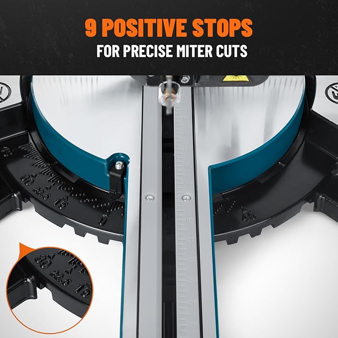 Updated 10-Inch Sliding Miter Saw, Multi-Material Cutting w/ 3 x TCT Blades, Ambidextrous Operation, 5000/3200RPM Speed, Laser Guide, 0-45° Bevel Cut, Max Cut 3.5x13.4in, 9 Positive Stops