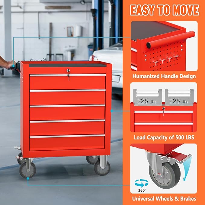 5 Drawers Rolling Tool Chest, Large Capacity Metal Tool Box with Wheels and Drawers, Tool Storage Cabinet with Keyed Locking, Tool Organizer Box for Garage, Workshop, Warehouse (Red)