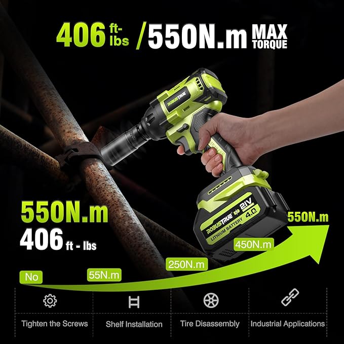 Cordless Impact Wrench, 406Ft-lbs (550N.m) Brushless 1/2 inch, 2800RPM High Torque Impact Gun, 2x 4.0Ah Battery, Charger, 4 Sockets, Electric Impact Wrench for Car Home