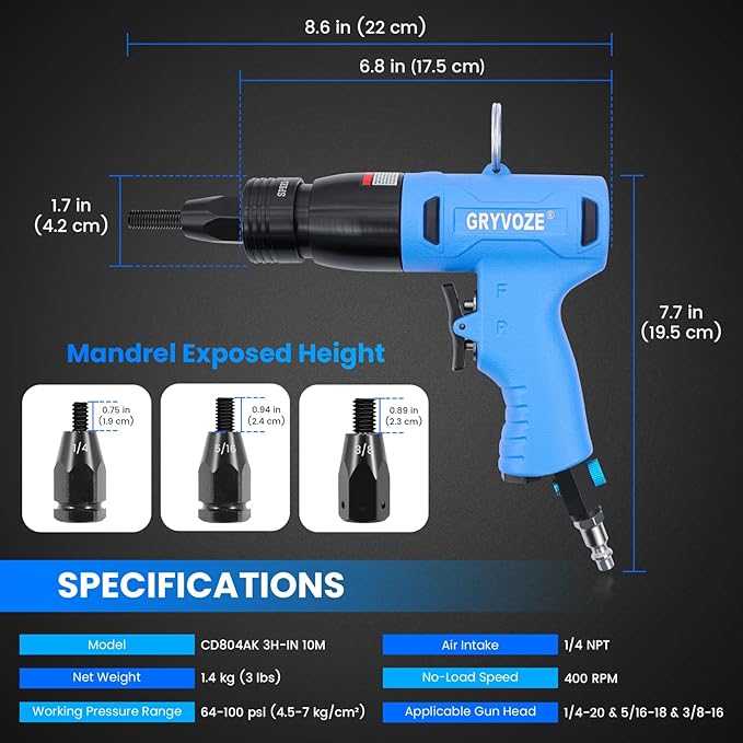 Pneumatic Rivet Nut Gun Kit with 11PCS 1/4 & 5/16 & 3/8 Mandrels, Industrial Grade Air Rivnut Tool Set with Self-Locking Head Gun, Air Riveter Nut Gun for Threaded Nutsert Insert Installation
