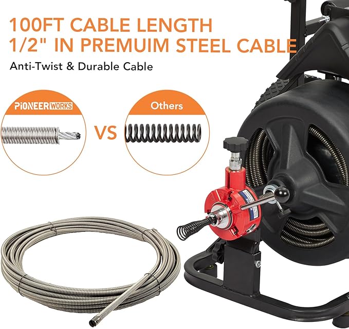 100Ft 1/2 Inch Auto-feed Electric Drain Cleaner Machine, Heavy-duty Drain Auger for 1” to 4” Pipes w/ 6 Cutters, Gloves, Drain Auger Cleaner Sewer Snake