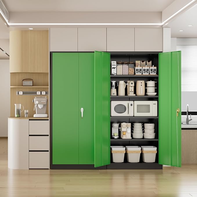 Pataku Metal Storage Cabinet, 72" Garage Cabinet with Doors and Shelves Lockable Steel Multifunctional Cabinets, File Cabinets for Home, Office, Warehouse(Black Green)