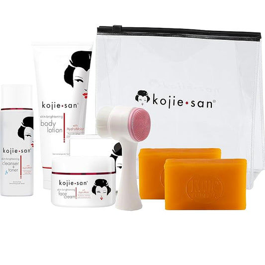 Kojie San Face & Body Shower Set - The Original Kojic Acid Soap that Reduces Visibility of Dark Spots, Hyperpigmentation, and Other types of Skin Damage – 135g x 2 Bars with Lotion, Cream and Toner-VeraVaultWomen