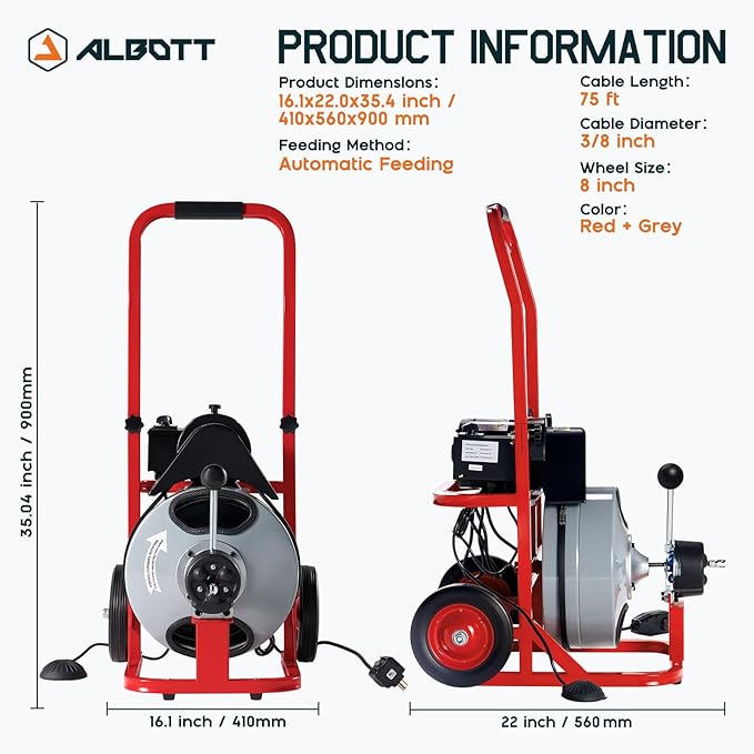 Albott 75 FT x 3/8 inch Electric Drain Cleaner Machine with Auto-Feed & 10 Cutters, Sewer Snake Auger for 1–4 Inch Pipes, Foot Switch & Wheels, Ideal for Commercial & Home Use, Gray/Red