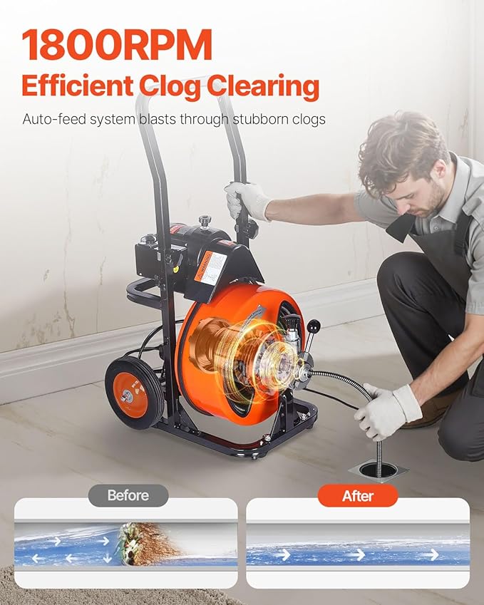 VEVOR Drain Cleaning Machine 100FT x 3/8 Inch, Sewer Snake Machine Auto Feed, Drain Auger Cleaner with 4 Cutter & Air-Activated Foot Switch for 2" to 4" Pipes, Orange, Black