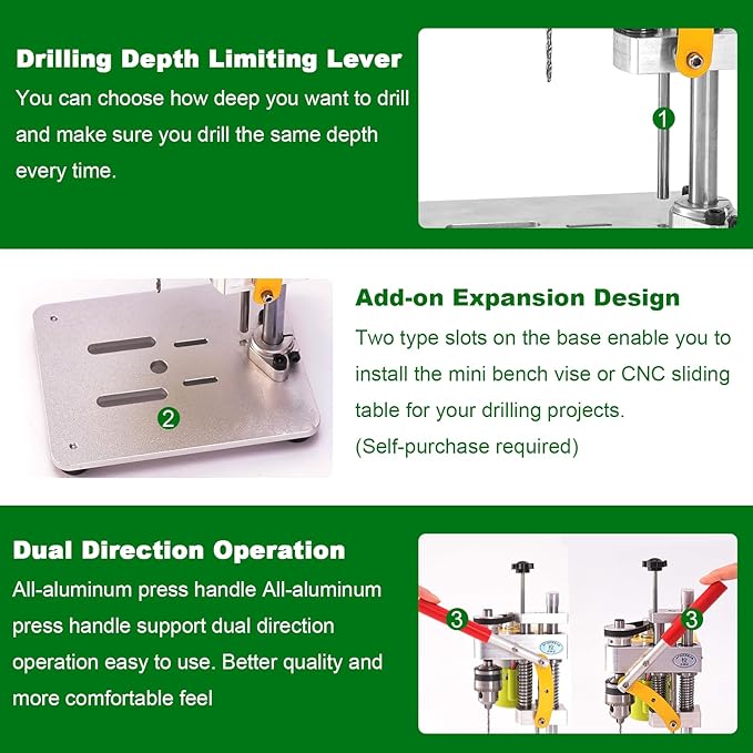Mini Bench Drill Press, LAKIX Small Benchtop Drill Press High Precison, Low Noise, Compact Size Desktop Drilling Machine, 7-Speed B10 Chuck for Handicraft, DIY Jewelry Making, Metal Wood Working