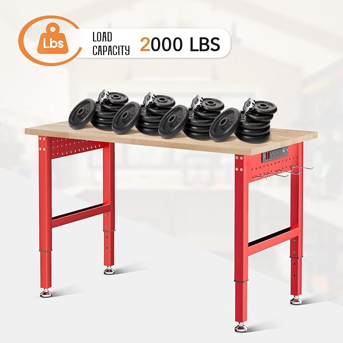 SPECRAFT Red Adjustable Heavy Duty Workbench with 4 AC Outlet and 2 USB Ports Power Outlets, 2000 Lbs Capacity, Rubber Wood Top for Garage, Workshop, Office