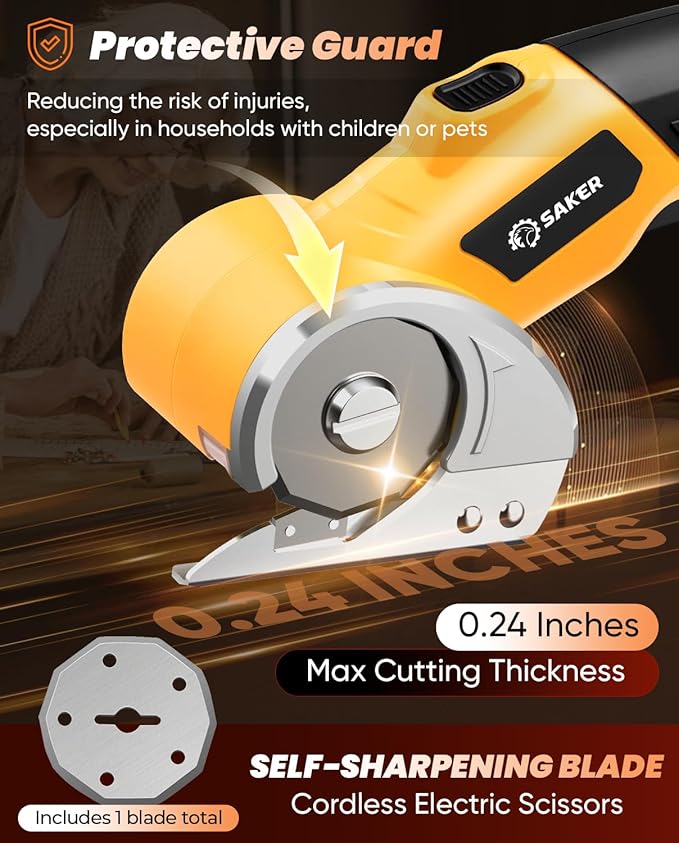 Saker Cordless Electric Scissors,Cardboard Box Cutter,4V Rechargeable Rotary Cutter with Safety Lock & LED Light,Cardboard Cutter for Cutting of Fabric, Leather, Carpet, Plastic, and More