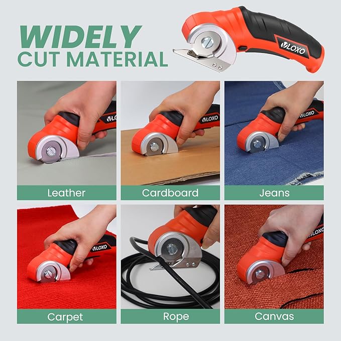 VLOXO Electric Scissors, Cordless Cardboard Cutter Power Box Cutter with Safety Lock, Multi-Cutting Tools for Cardboard, Rechargeable Mini Scissors for Plastic Leather Canvas with Storage Box Orange