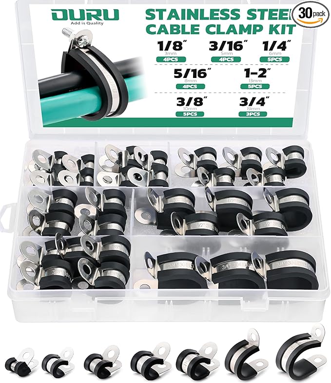 30PCS Cable Clamps Assortment Kit,7 Sizes—1/8" 3/16" 1/4" 5/16" 3/8" 1/2" 3/4" Stainless Steel Rubber Coated Cushioned Insulated Cable Clamp,Automotive Wire Pipe Clamps