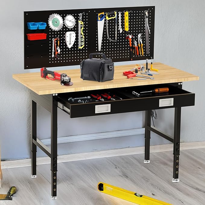 60" Workbench with Drawers, Adjustable Height Work Table, 2000 LBS Heavy-Duty, Rubber Wood, Black, Steel