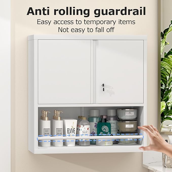 Metal White Cabinet Wall Mounted, Small Wall Storage Cabinets with 2 Door Adjustable Shelves, Bathroom Metal Wall Cabinet Over Toilet for Laundry Room Kitchen, Garage