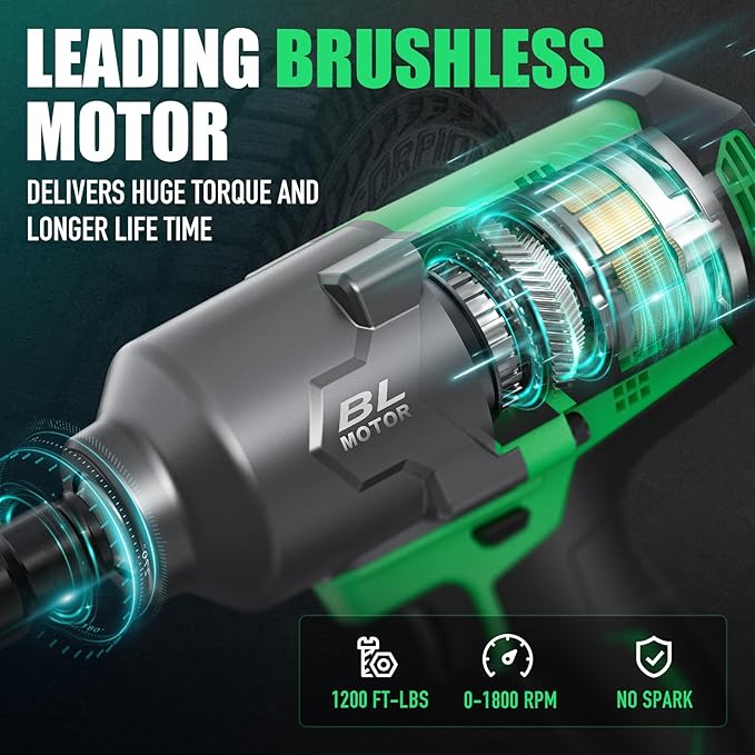 Cordless Impact Wrench 1/2 Inch, High Torque 1200 Ft-lbs Brushless Impact Gun, 20V Power 4.0 Ah Battery, Fast Charger, 5 Pcs Sockets and Tool Box Kit