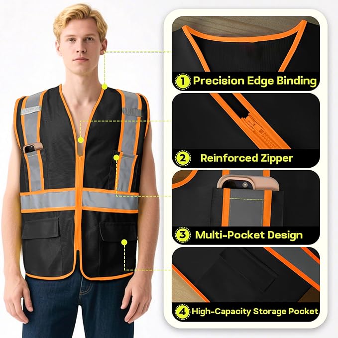 BeautyWill Custom Safety Vest Customized Logo Class 2 High Visibility Reflective Vest with Pockets Construction workwear