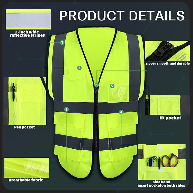 15 Pack Reflective Safety Vests with Pockets and Zipper Construction Work High Visibility Vest for Men Women(Medium,Fluorescent Green)
